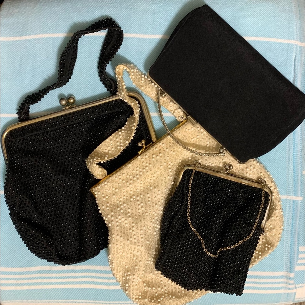 Lot Vintage Evening Bags 3 Black, 1 Cream Beaded Rhinestone